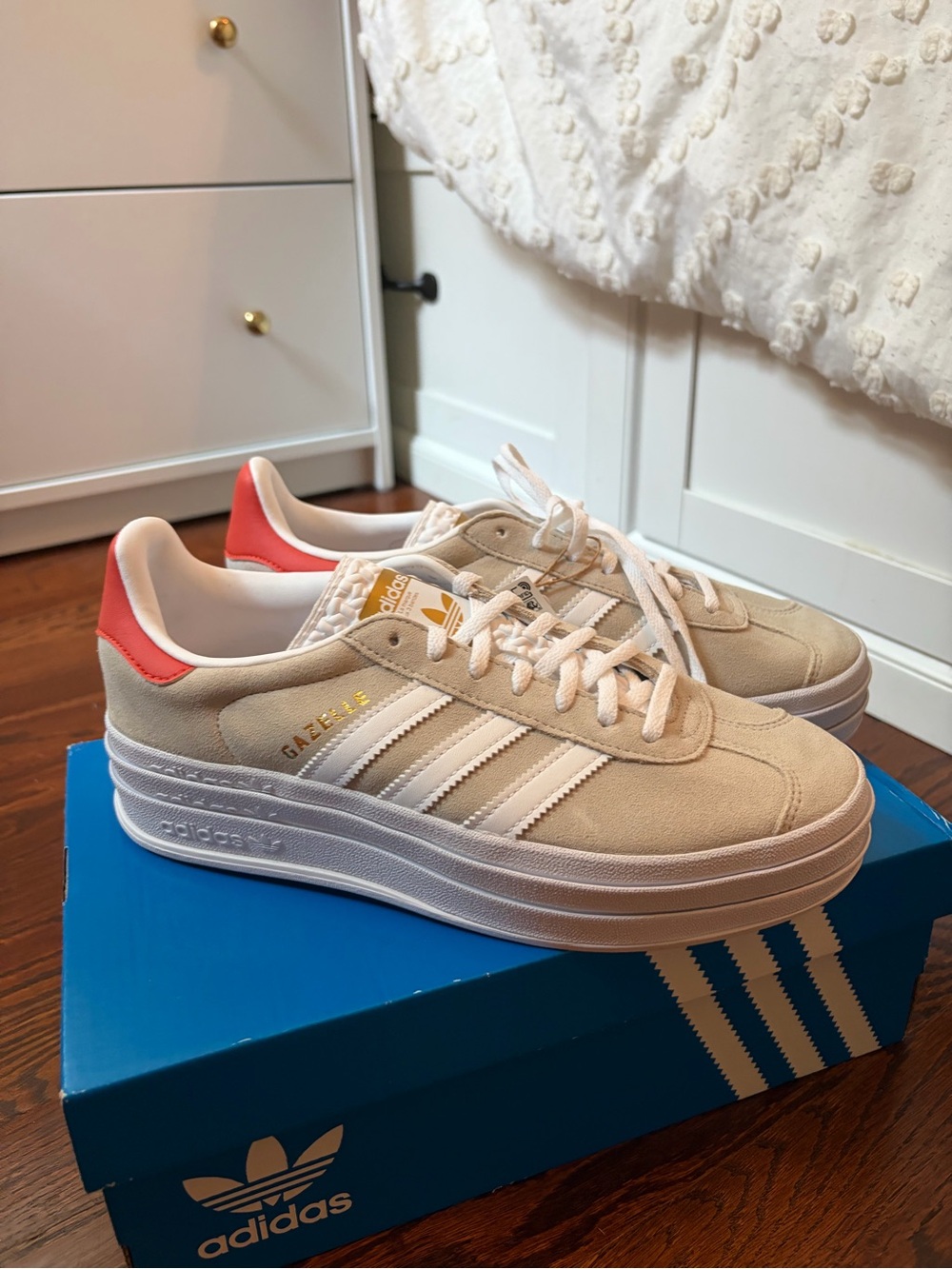 adidas Beige Suede Platform Sneakers with Coral Heel Tab
